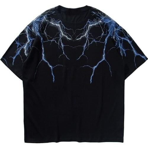 Techwear Streetwear Dark Lightning Print T Shirt Hip Hop Men Harajuku Tshirt Short Sleeve Cotton T-Shirt Black Casual Tops Tees