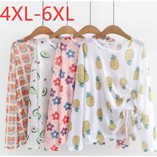 New 2021 Ladies Summer Plus Size Tops For Women Large Long Sleeve Loose White Print O-neck Thin Sunscreen T-Shirt 4XL 5XL 6XL