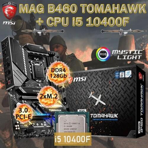 LGA 1200 MSI MAG B460 TOMAHAWK Motherboard+ Intel i5 10400F CPU Set DDR4 128GB M.2 PCI-E 3.0 Placa-mãe Combo Desktop Intel B460