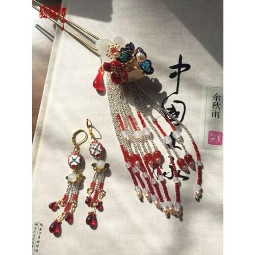 Red Colored Glaze Cloisonne Tassel hair Hanfu Costume Hair Accessories Earrings Hair jewelry