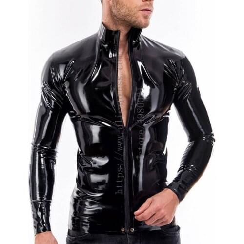 Cool mens black tight latex coat long sleeve latex top suit with front zip decorations