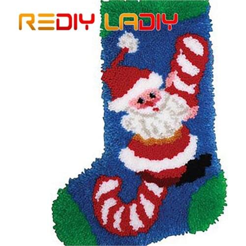 Latch Hook Rug Kits Crocheting Carpet Rug Santa Cane Socks Acrylic Yarn Pre-Printed Canvas Cushion Crochet Tapestry Sofa Decor