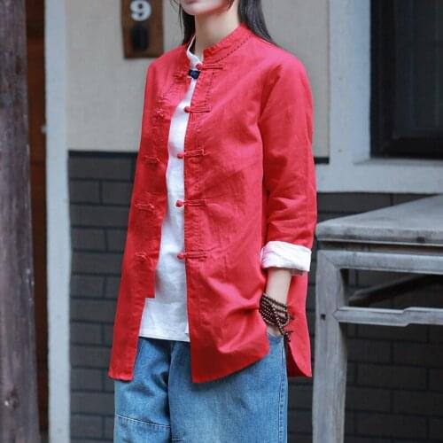 New Style Red Black And White Cotton And Linen Womens Retro Stand-up Collar Disc Button Ladies Jacket Martial Arts Shirt