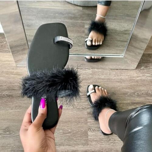 Summer Bling Rhinestone Women Flat Slippers Furry Shoes Fur Sandals Toe Ring Slipper Square Toe Ladies Shoes Plus Size 36-43