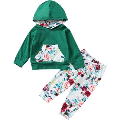 0-4 Y Baby Girls Clothes Autumn Casual Two-piece Set Rainbow/ Floral Printed Pattern Hooded Pullover Tops and Pant