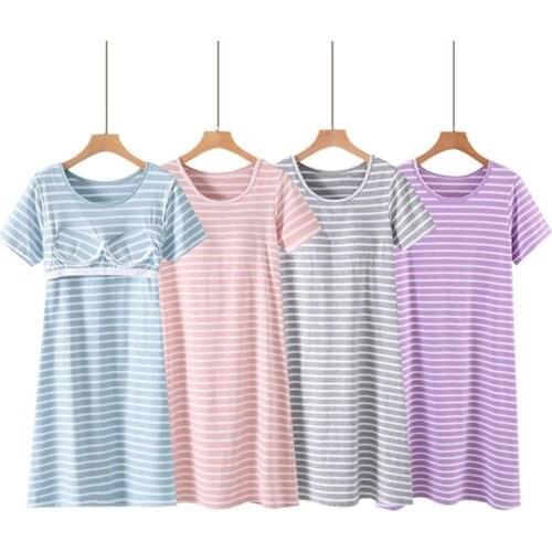 Striped Sleepdress With Chest Pad Cotton Modal Nightdress Nightgown Women Loose Breathable Elastic Home Wear Sleepwear Homedress