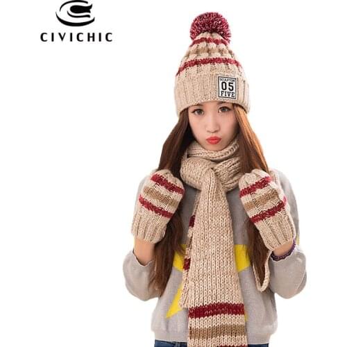 CIVICHIC Bestie Gift Warm Set Knit Hat Scarf Glove Winter Stripes Shawl Faux Wool Pompon Beanies Headwear Cap Strap Mitten SH172