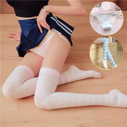 Cute & Sexy Japanese Anime Style Blue White Pink White Stripe Panties Briefs Cotton Cosplay Underwears Kawaii Underpants