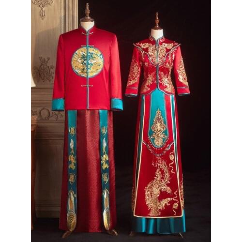 Bride Bridegroom Wedding Dress Toast Clothing Chinese Style Traditional Qipao Elegant Red Phoenix Embroidery Cheongsam