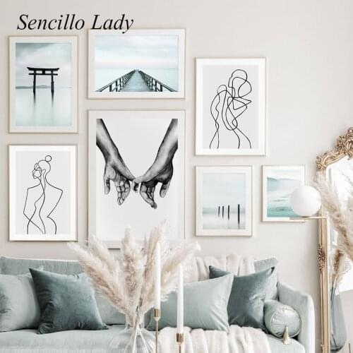 Torii Gate Lake Bridge Landscape Canvas Painting Line Drawing Abstract Poster Art Print Minimalist Wall Picture Home Decoration