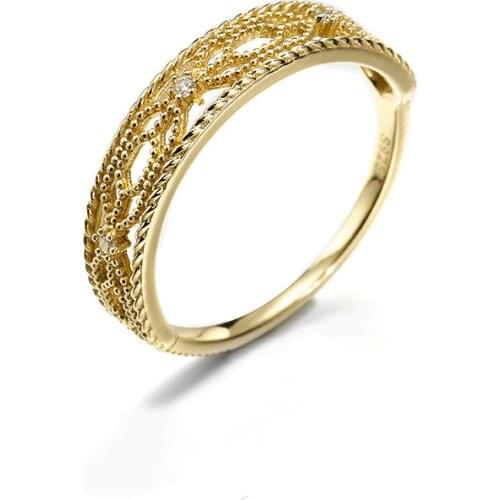 UBESTNICE 14K Yellow Gold Lace Hollow Geometric Simple Vintage AAA Zircon Royal Style Rings Fine Jewelry For Women Girl Elegant