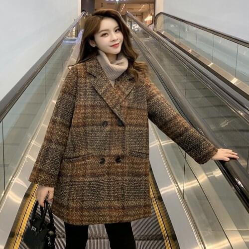 Woolen Outerwear Female New Women Plaid Wool Blends Coat Winter Autumn Fashion Elegant Tweed
