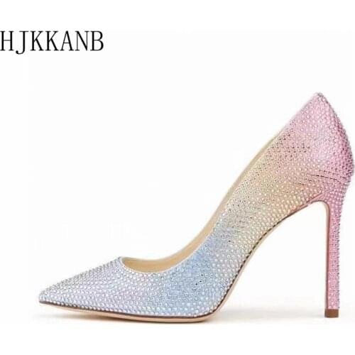 New Gradient Color Crystal High Heels Women Pointed Shallow Mouth Banquet Shoes All-match Wedding Shoes Bridesmaid Shoes Pumps