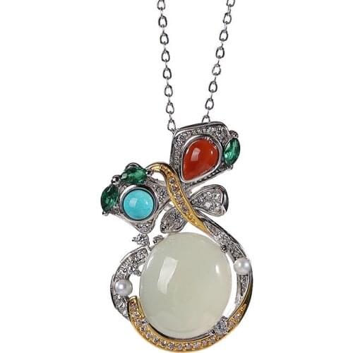 S925 sterling silver Hetian jade southern red agate Turquoise Pearl graceful personality ladies' pendant