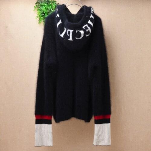 Female women sweatshirt hairy plush black mink cashmere knitted hooded loose pullover angora fur jumper pull sweater pull tops