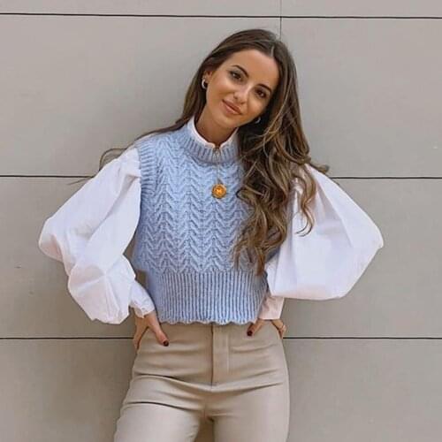 Ardm Fashion Twist Blue Cropped Cable-Knit Sweater Vest Women Vintage O-Neck Female Waistcoat Tops Pull Sans Manche Knitted Vest