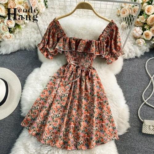 HangCode Dress Women Summer 2021 Korean Fashion Sweet Floral Print Elastic High Waist Bandage Short Dress Ruffled Party Dress