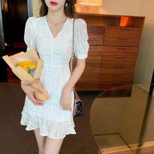 Summer Dress 2021 New Retro V-neck French White Dress Puff Sleeve Professional Womens Dresses Zipper Short Ruffle Dress Vestido