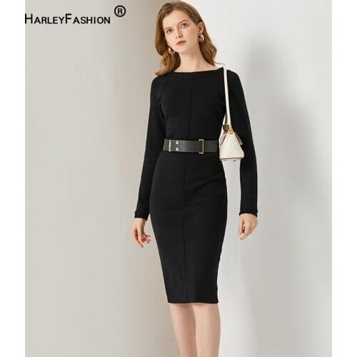 HarleyFashion Spring Women Classic Design O-neck High Quality Elegant Knee-length Casual Black Knitting Sheath Dress with Belt