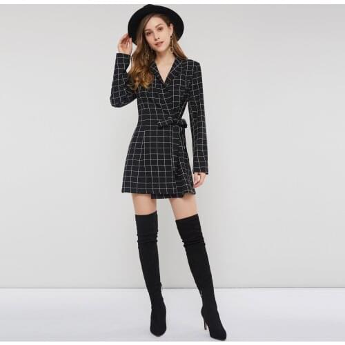 Vintage Office Dresses Women High Waist Lace Up Skinny England Style Elegant Stylish Black Retro Plaid Mini Dress Female 2021