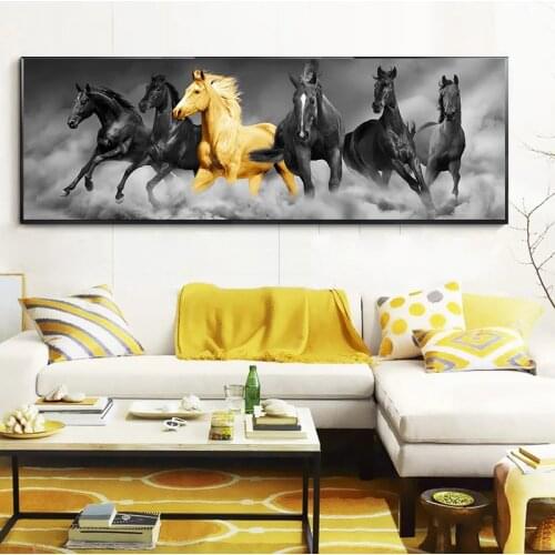 Gold Black Run Horse Animal Canvas Painting Pictures Poster and Prints Wall Art Horse Picture for Living Room Home Decor Cuadros