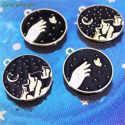 10Pcs Mix Art Enamel Charms24*26.5mm Black Alloy Sky Star Butterfly Mountain range Charms Necklace Pendants Handmade Accessories