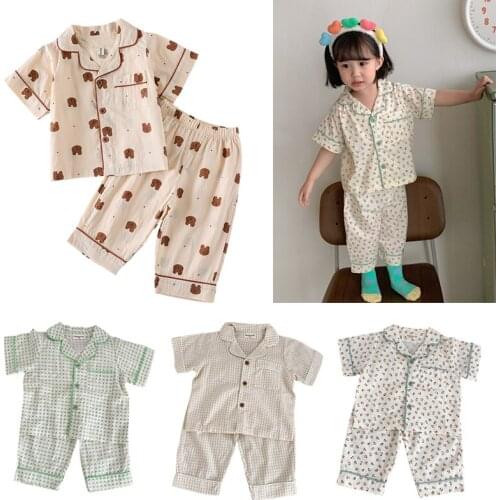 2021 Summer New Kids Pyjamas Korean Cotton Sleepwear Boys and Girls Cute Print Short Sleeve Children 2Pcs Sets