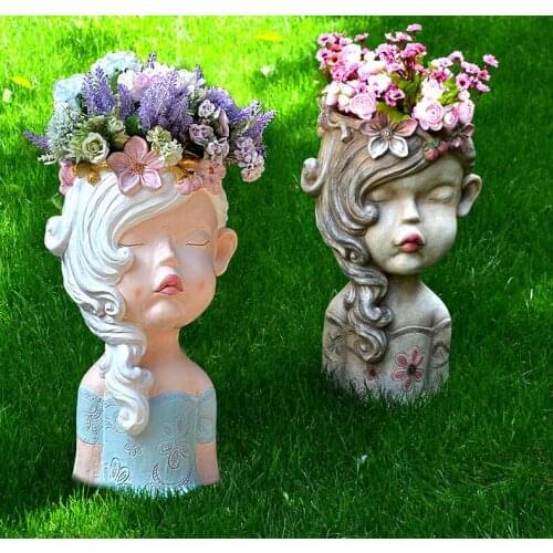 American Cute Girls Head Cement Flower Pot Ornaments Courtyard Villa Park Figurines Crafts Outdoor Garden Accessories Decoration