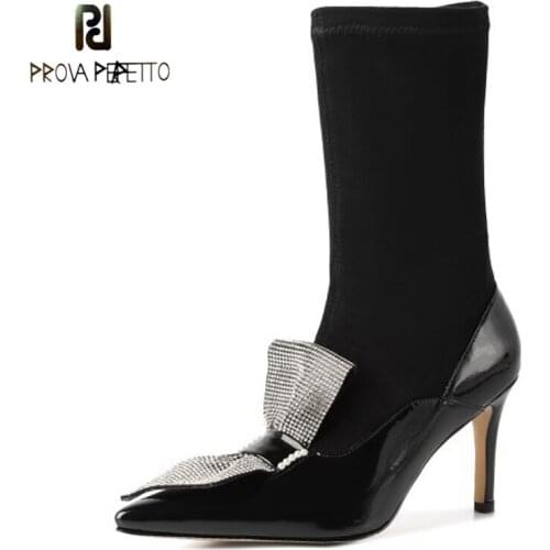 Rhinestone Bowknot Elastic Boots Autumn New Products Cow Patent Leather Stitching Pointed Stiletto High Heel Fashion Boots