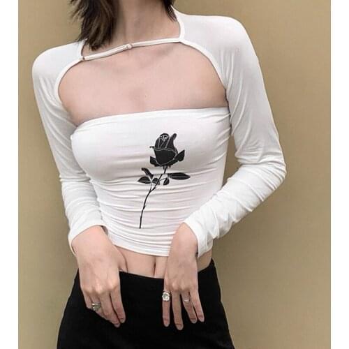 Sexy Hollow Out T Shirt Floral Print Tube Tops Long Sleeve Backless Crop Tops Streetwear Basic Women Tight Tees 2 Piece Suit