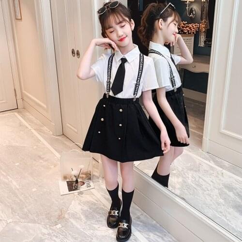 New Teenager Girls Clothing Set Shirts + Skirts 2PCS School Uniform Children Stage Dance Performance Clothes Sets Costumes 4-14Y