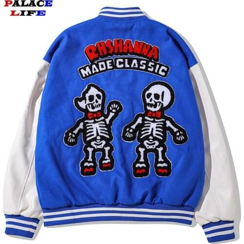 Hip Hop Furry Cartoon Skull Patchwork Varsity Jacket Mens Bomber Jacket Harajuku Streetwear Baseball Coats Unisex 2021FW