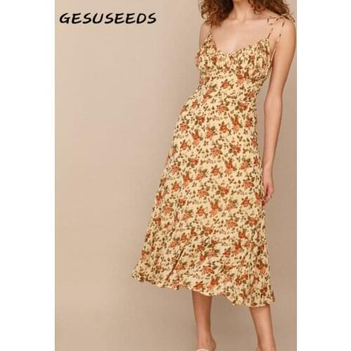 Summer v neck dress fashion floral dresses ruffle midi dress sexy spaghetti strap dress women holiday dresses beige vestidos