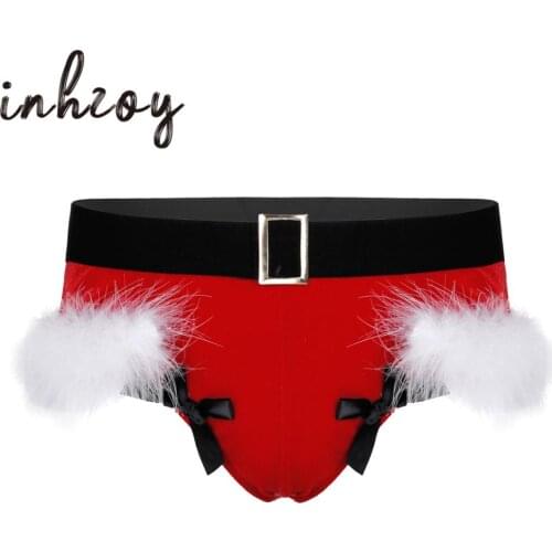 Mens Lingerie Thong Christmas Underwear Soft Velvet Briefs Panties Sexy Elastic Waistband Feather Trimming Bowknot Underpants
