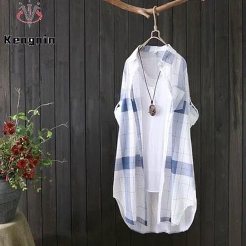 New 2021 Summer Casual Shirts Ladies Loose Blause Plus Size 3XL Plaid Women Blouse Long Sleeve Maxi-Length Female Tops KN175