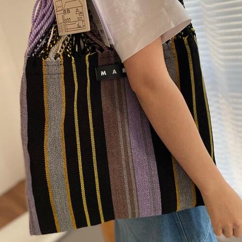 New Retro Female Bag Wool Knitted Striped Tote Lightweight Casual Large Contrast Color One-shoulder Handbag for Women