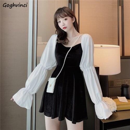 Women Dresses New Chic Patchwork Slash Neck Sexy Sweet European Daily Puff Sleeve Womens Chic Vintage High Waist Mini Office