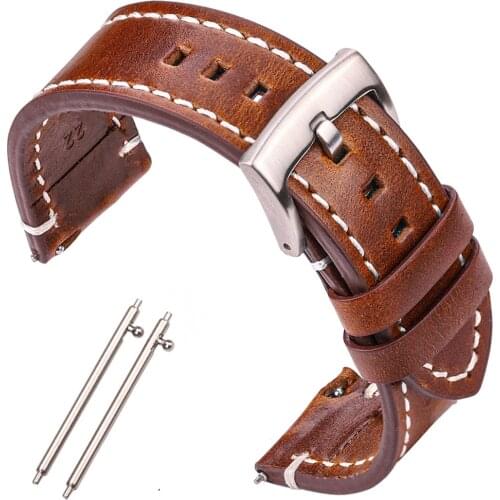 HENGRC 18 20 22mm Genuine Leather Watch Band Strap Manual Men Thick Brown Black Watchbands Stainless Steel Buckle Accessories