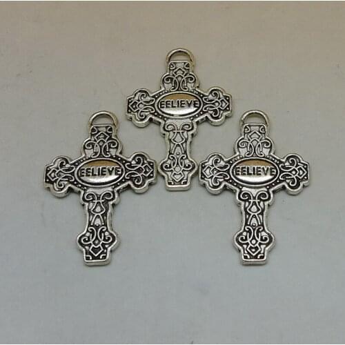 RONGQING 50pcs/lot EELIEVE Cross Charms 34x24mm Retro Pattern Jewelry Pendant Charms Lots Jewelry Making Supplier