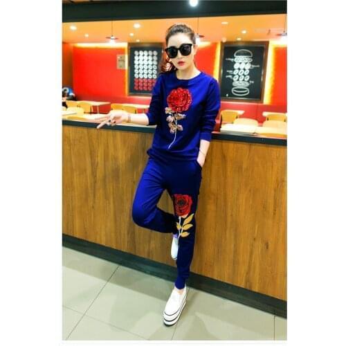 Spring New Full Sleeve Long Pant Rose Flower Embroidery Sport Sweater Two Piece Set Breathable Trainning & Exercise Sets