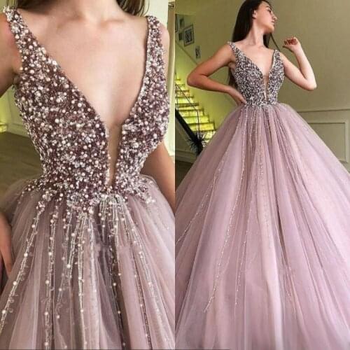 High Quality Custom Made Women Beaded Top V Neck Princess Dusty Pink Tulle Formal Party Prom Dress Evening Dresses Gowns
