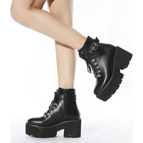 Woman Autumn Boots Lace Belt Buckle Womens Boots Platform Black Ankle Boots Party Chunky Punk Goth Shoes Ladies Side Zipper
