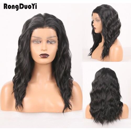 RONGDUOYI Short Hair Wigs for Women Natural Wave Synthetic Lace Front Wig High Temperature Fiber Black Wigs Middle Part Lace Wig