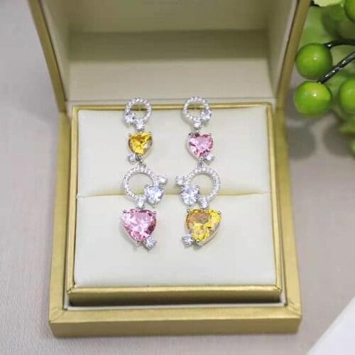 Fashion Love Heart Dangle Earring with AAA CZ Zircon Stone Pink Yellow Crystal Color for Women Party Wedding Jewelry