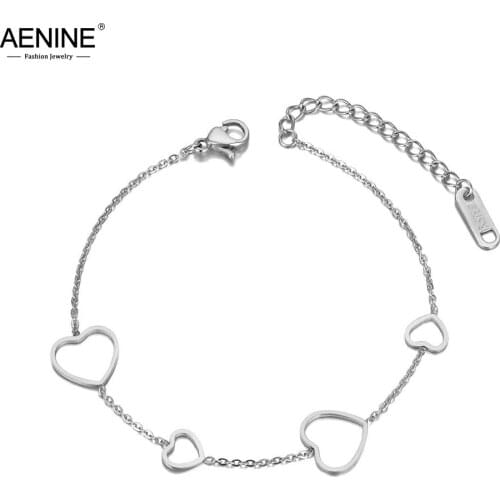 AENINE Trendy Stainless Steel 4Pcs Heart Charm Bracelets For Women Girl Office/Career Rose Gold Chain Bracelet Jewelry AB20074