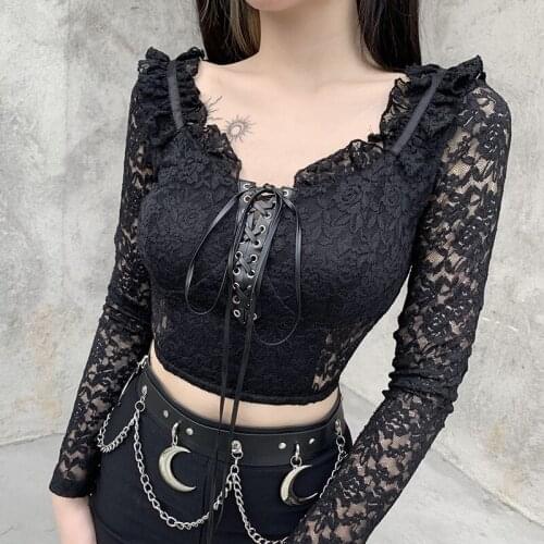 Gothic Vintage Black Lace Stitching Long Sleeve Female Crop Top Bandage Dark Women T-shirt Harajuku Goth Retro Grunge Y2k New