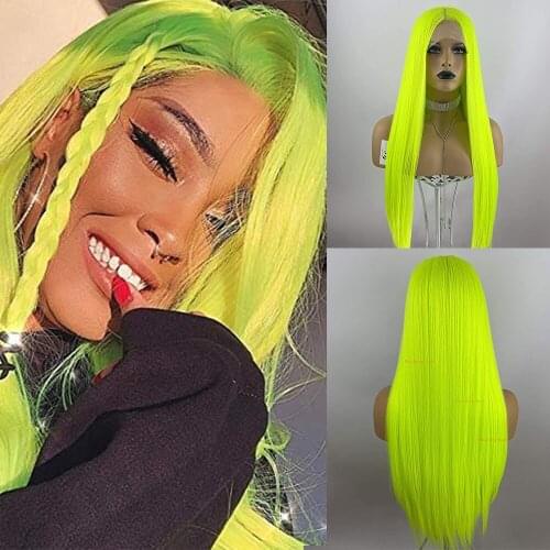 13*6 Fluorescent Green Lace Front Wig Long Straight hair Synthetic Wigs High Temperature Fiber for Cosplay women 22 inch