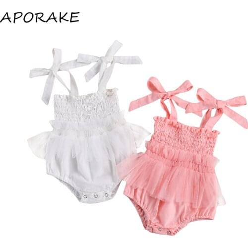2021 0-18M Princess Baby Girl Bow Frenulum Camisole Romper Summer Sleeveless Lace Stretch Pleated One Piece Garment for Newborn