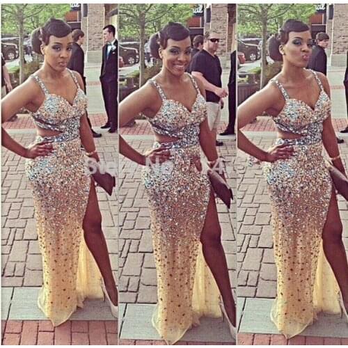 Sparkling Sexy V-neck Open Back Sleeveless Tulle Full With Crystals Beaded Long Pageant Prom High Thigh Slit Bridesmaid Dresses