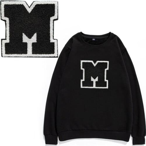 Black M Chenille Patch Sewing On Stickers For Kid Children Clothing Parches Termoadhesivos Para Ropa Embroidered Letters Badge